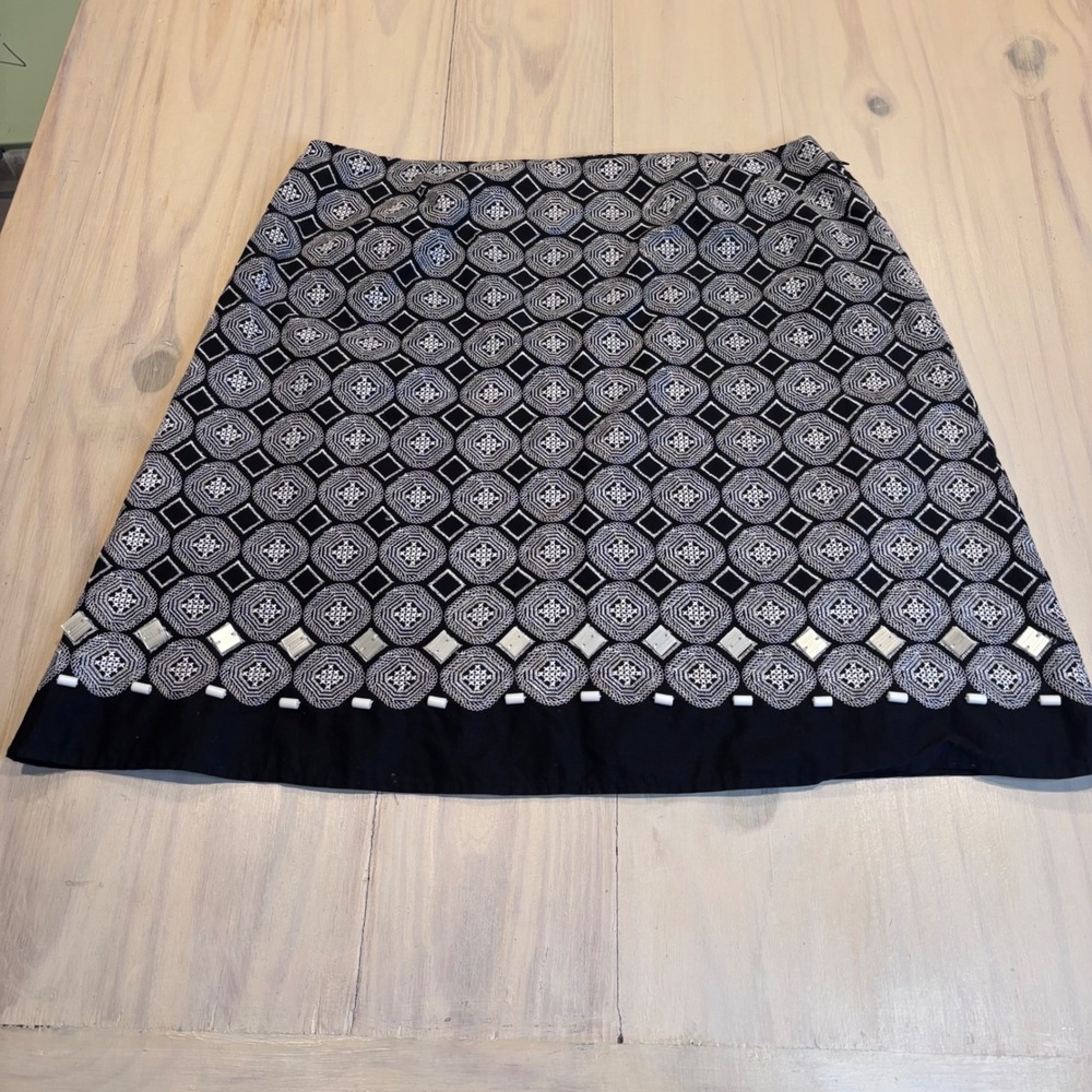 Peter Nygard Petites Womens 14 Black White Geometric Embroidered Beaded Skirt